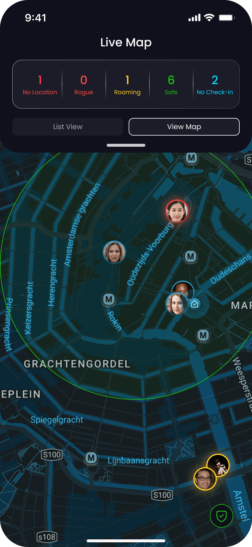 Live map with traveler locations and safety statuses