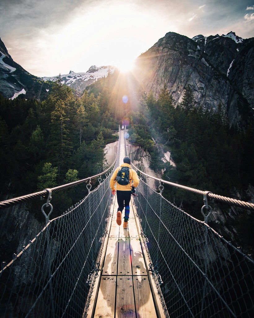 A mountain adventure on a suspension bridge